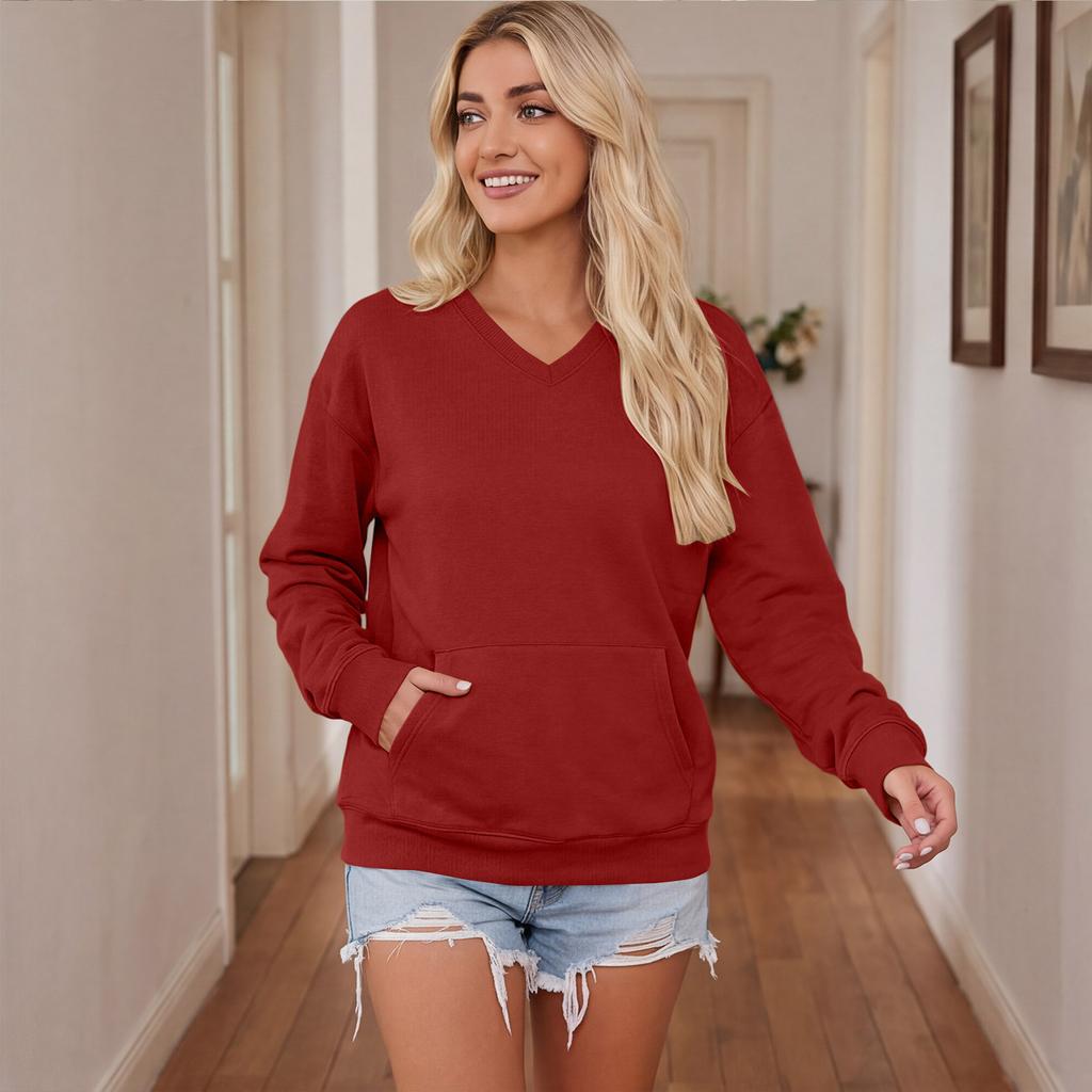 Women's V-Neck Long Sleeve Loose Fit Pullover Sweatshirt with Pocket