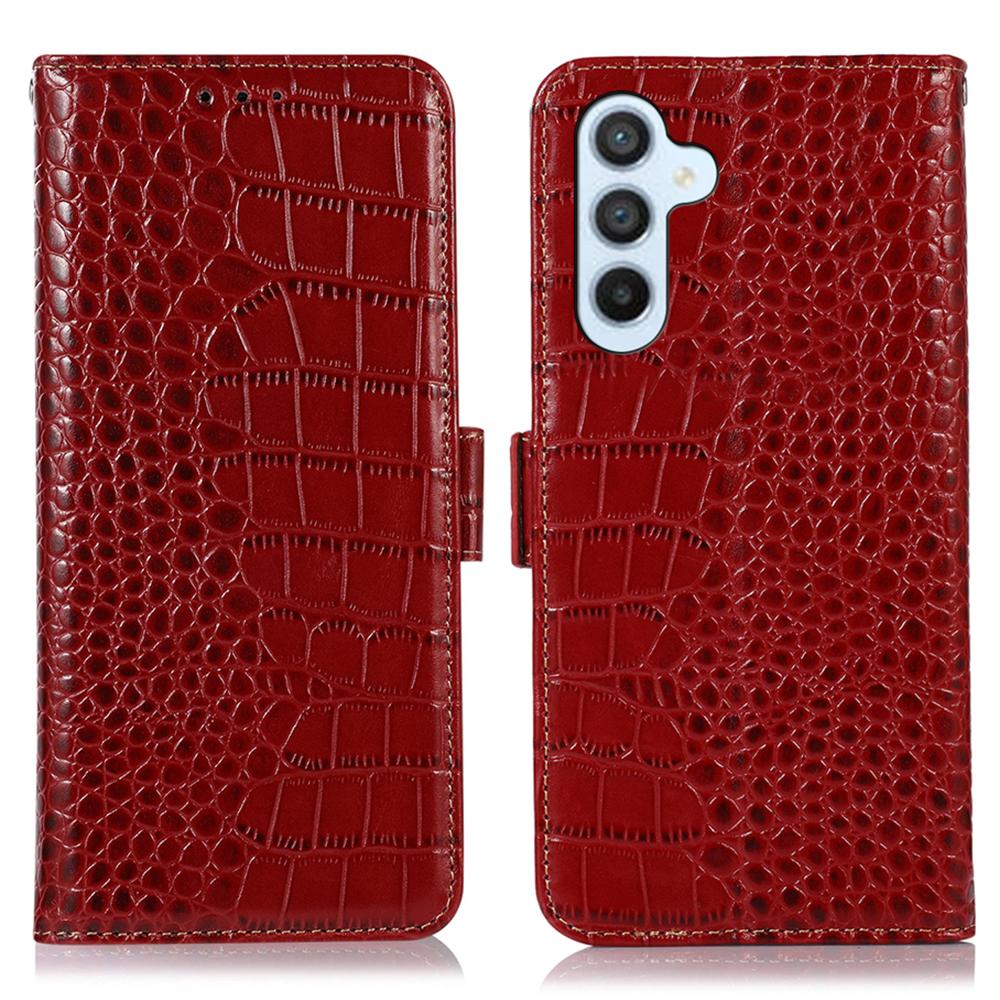 

For Samsung Galaxy S25 FE Case RFID Blocking Wallet Crocodile Texture Genuine Cow Leather Phone Cover Red