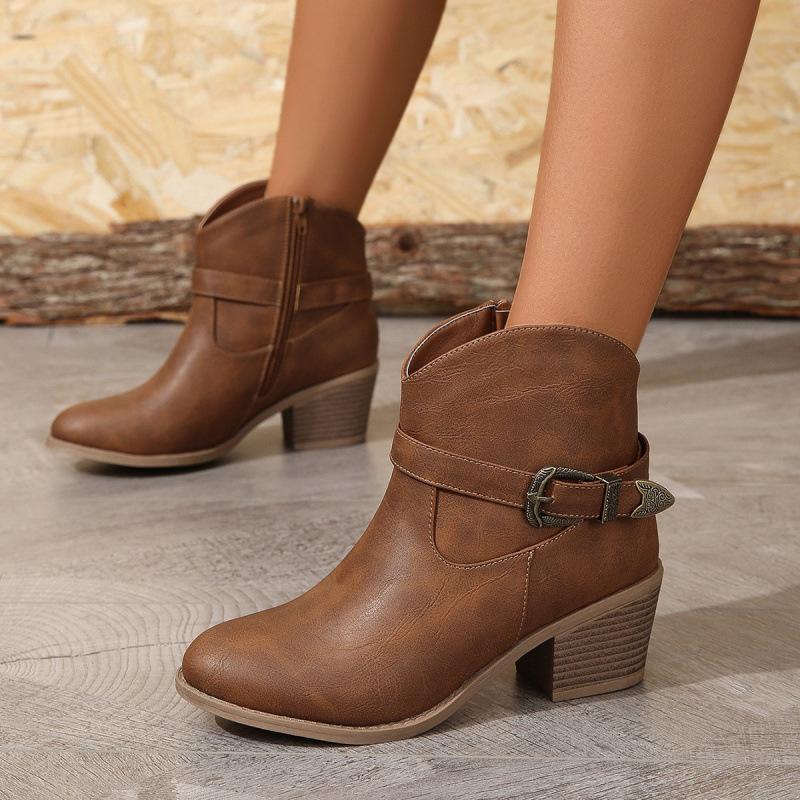 

Large size western denim style thick heel leather boots, new European and American belt buckle decorative side zipper boots 42 світло-коричневого кольору