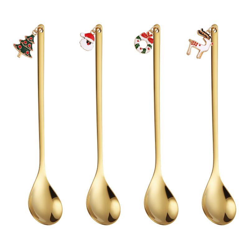 4PCS Christmas Stainless Steel Spoon Christmas Coffee Spoons Set Gold Home Restaurant Dessert Cutlery Set