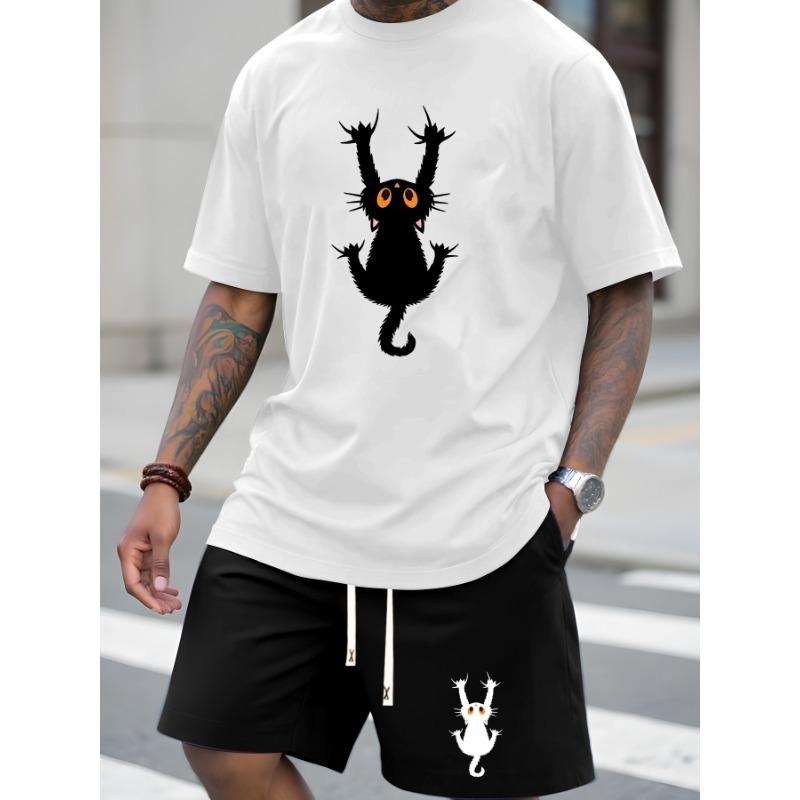 European Size Men's Summer T-Shirt , Cat Print Design, Versatile Outfit, Casual Short Sleeve Top Trendy Leisure Sportswear