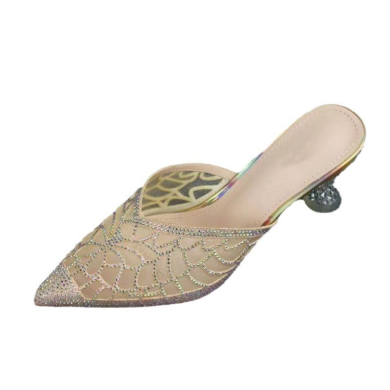 Pointed Baotou Rhinestone Half Slippers Women Mesh Yarn Middle Heeled Shoes Women Fine Heeled Outer Wear Lace Sandalias De Mujer