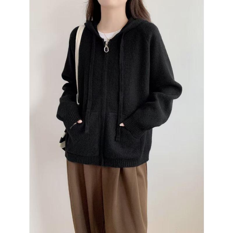 Lazy wind hooded sweater jacket women s autumn and winter new loose casual zipper knitted cardigan jacket average size 3460₽