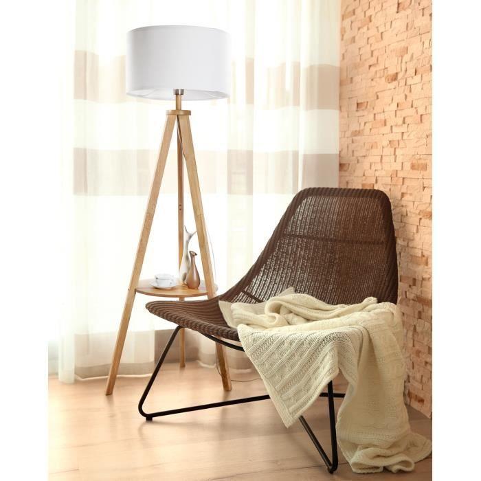 Lampadaire Trépied en Bois TOMONS avec Tablette et Ampoule E27 8W - Style Scandinave