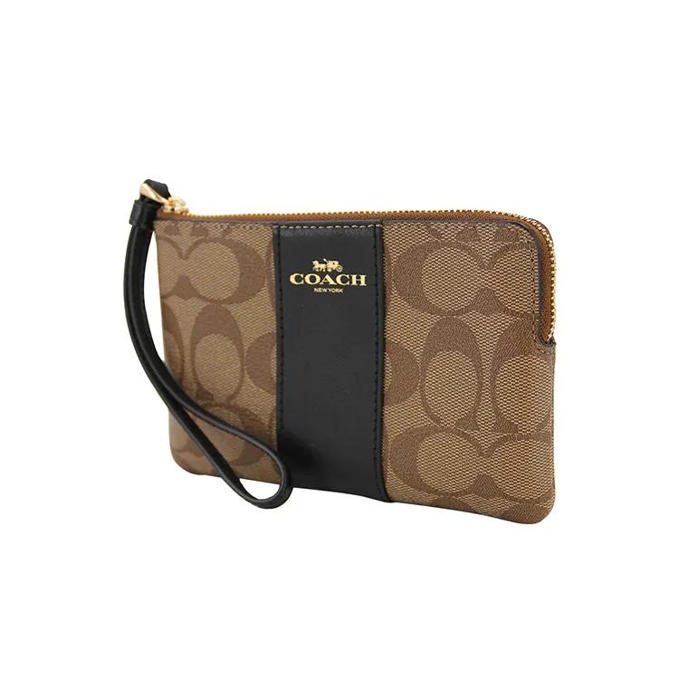 COACH Corner Zip Leather Pochette Clutch Coin Wrist Bag Wallet Small Women's Black Brown (Unisex) Wallets 58035 IMCBI