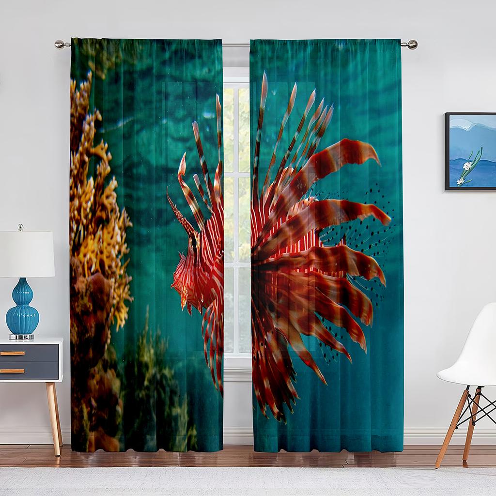 Zasłona woalowa z motywem oceanu, przezroczysta, z motywem podwodnych ryb tropikalnych, koralowców, zwierząt morskich, tiulowa zasłona okienna do sypialni, salonu