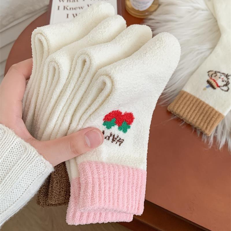 2 Pairs of Autumn and Winter Color-blocking Mid-calf Socks for Women, Thickened Warm Cartoon Cute Cotton Socks, Versatile Pile Socks