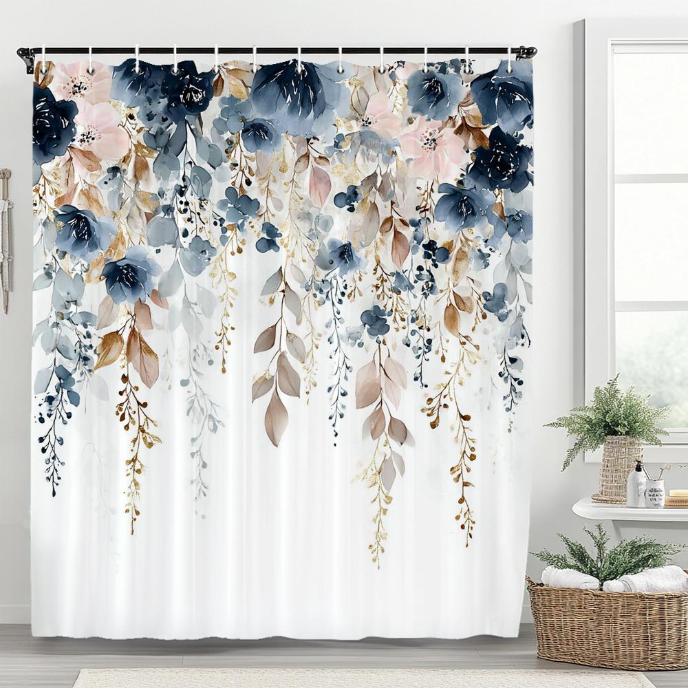 

Watercolor Bohemian Floral Shower Curtain, Blue Floral, Waterproof Bathroom Curtain, Decorative Fabric Home Curtain With Hooks W60H190(CM)-1 Pcs