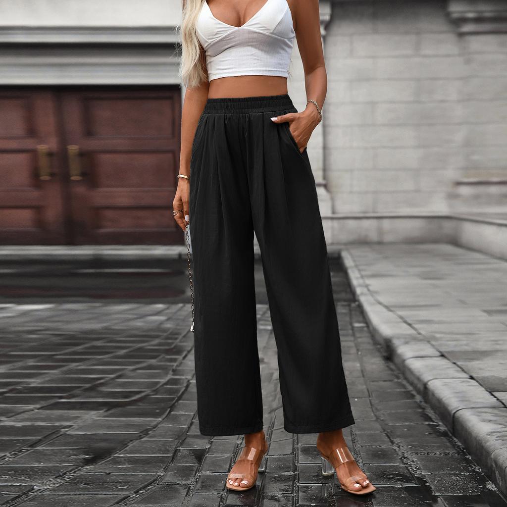 Women's Casual Fashion Solid Color Elastic Waist Pocket Wide Leg Straight Leg Cropped Pants
