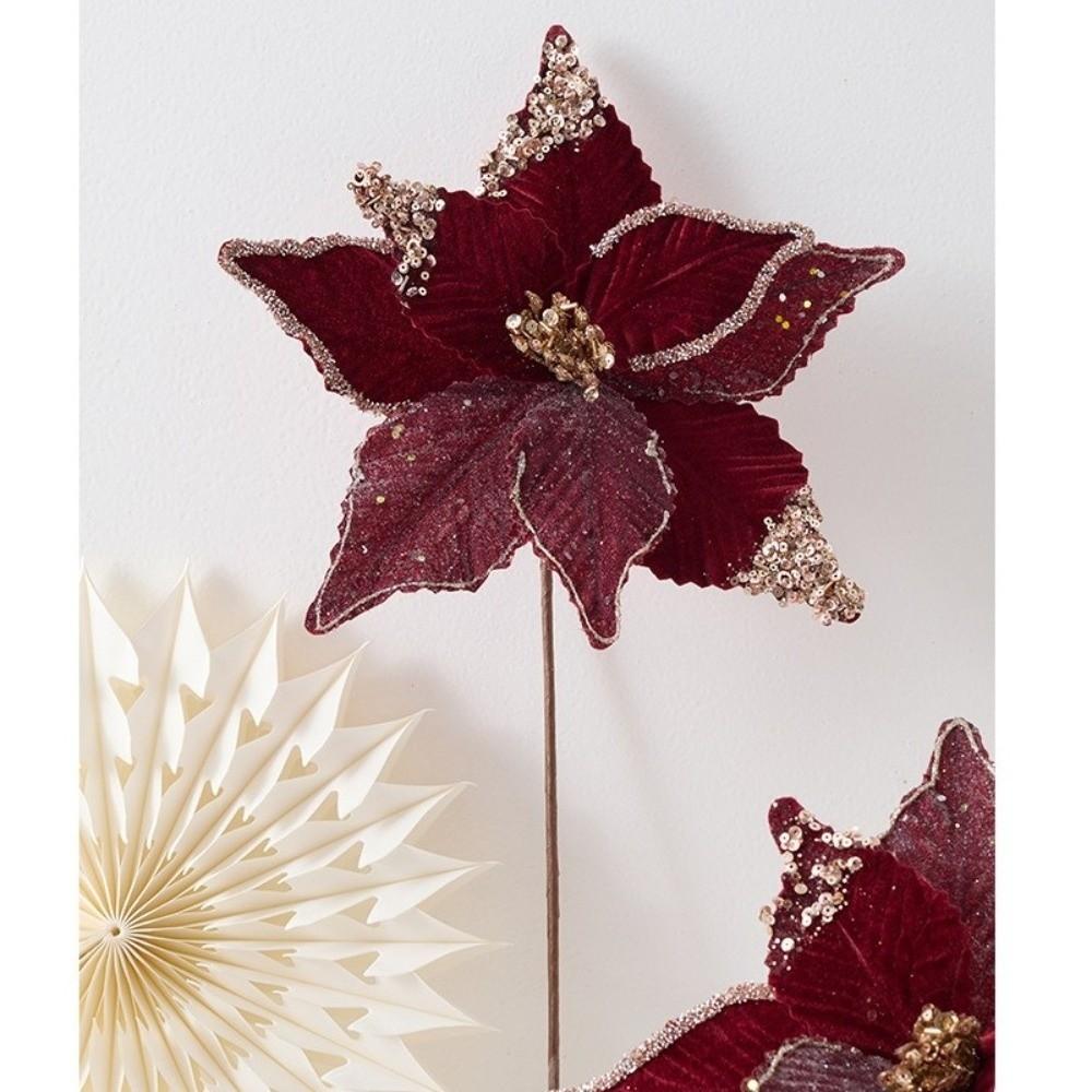 New 26CM Wine Red Artificial Poinsettia Flower Glitter Sparkling Simulation Flowers Sequins Sequins Flower Home Decoration