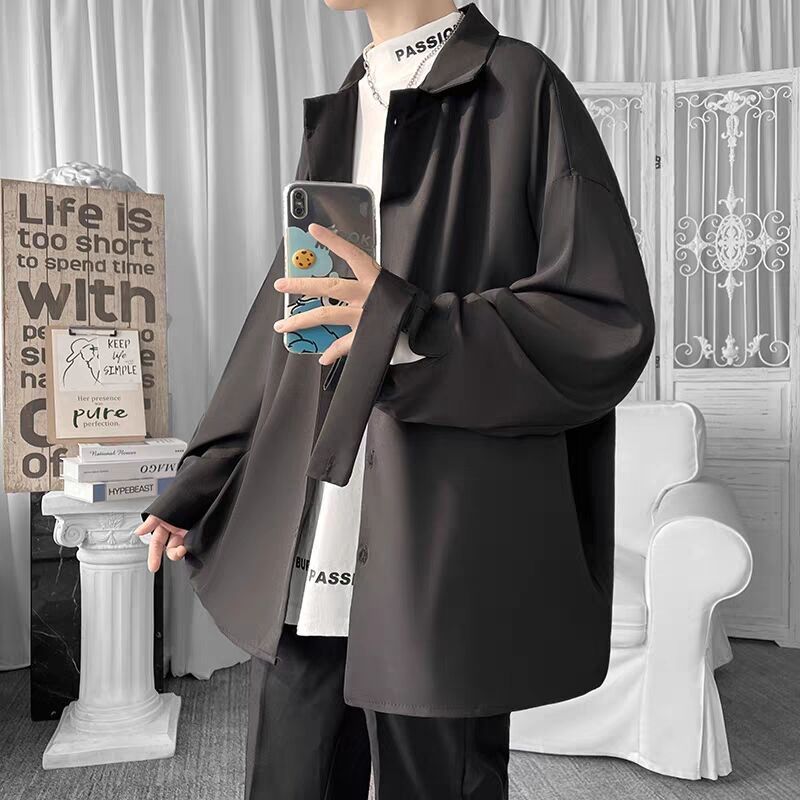 

2024 Men s Spring and Autumn New Spliced Square Collar Button Fashion Solid Color Loose and Versatile Casual Long Sleeve Shirts L чёрный