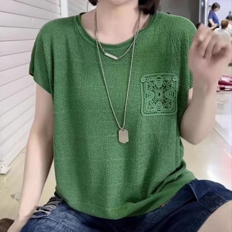 

Женская вязаная футболка на весну/лето, большая, повседневная, свободная, вязаная рубашка, пуловер, топ с коротким рукавом 3XL зелёный