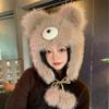 Cute plush bear hat women's winter thickened warm versatile pullover hat shows small face and cold protection ears