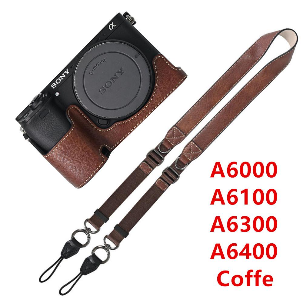 Půl pouzdro na fotoaparát z PU kůže s texturou liči pro Sony A6700 A6400 A6300 A6100 A6000 ZVE10 ZVE10II ZVE10M2 Spodní otevírací kryt s popruhem