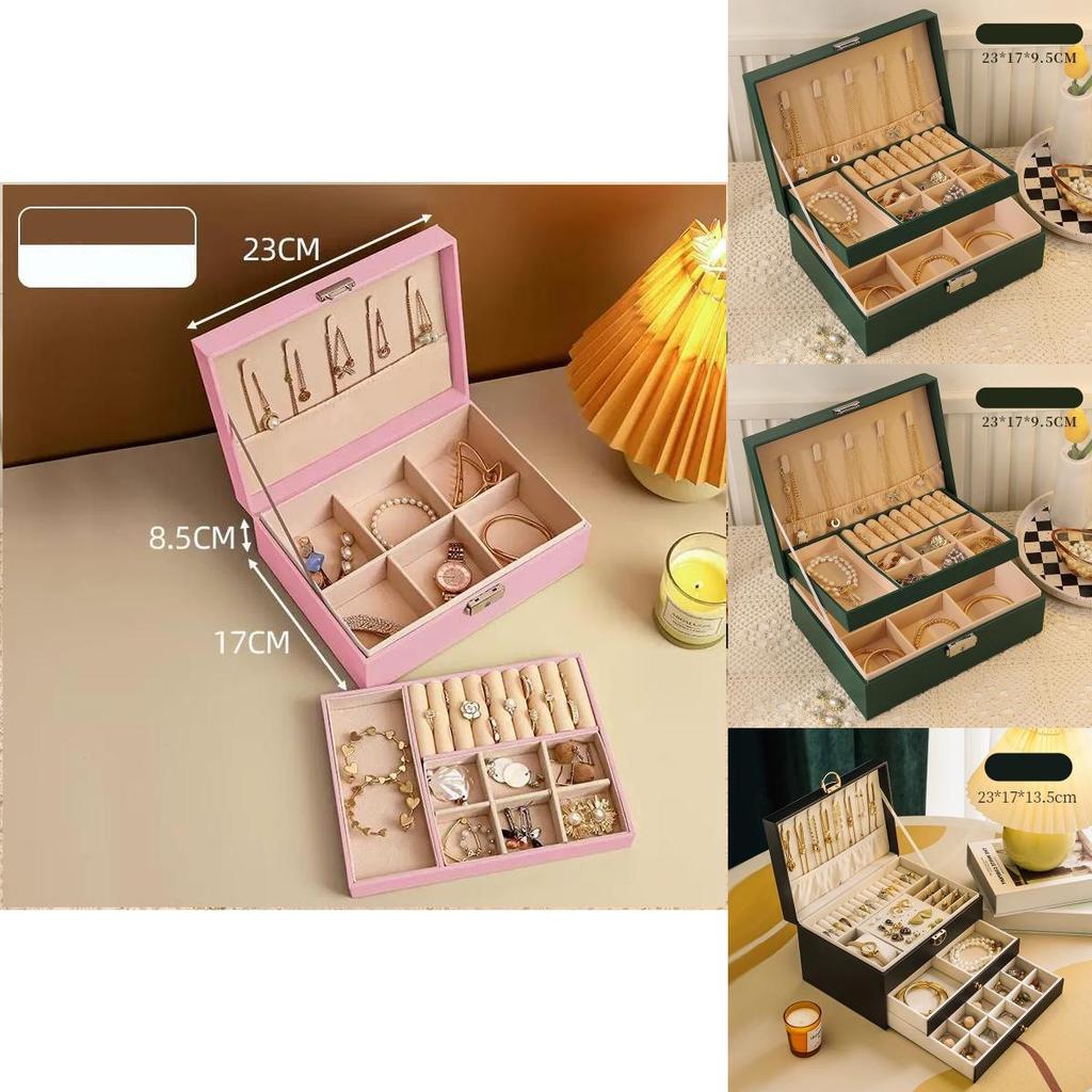 Classic Leather Jewelry Box With Multiple Layers For Elegant Storage Of Earrings Rings And Necklaces
