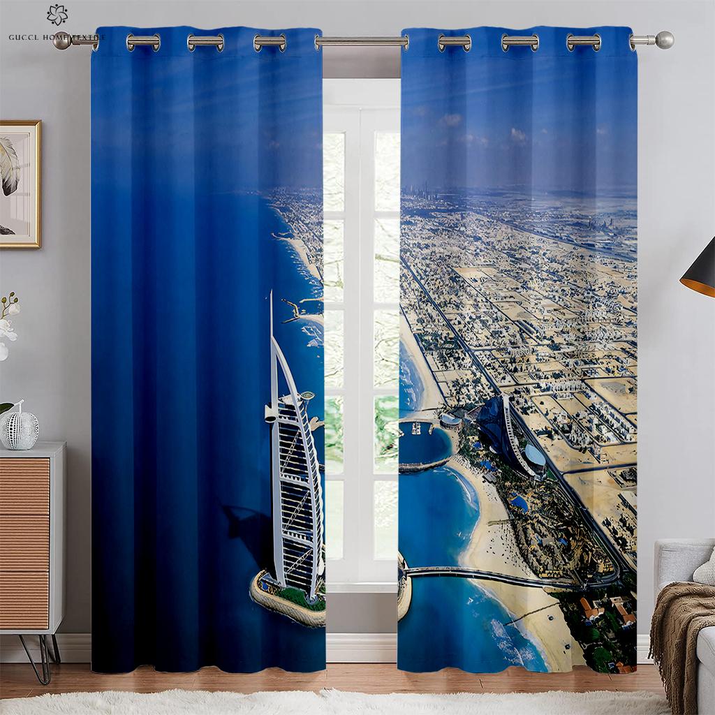 City Building Night View Seaside 3d Printed Curtains Living Room Kitchen Bedroom Decorative Curtains Easy To Wash And Care 2 Pcs
