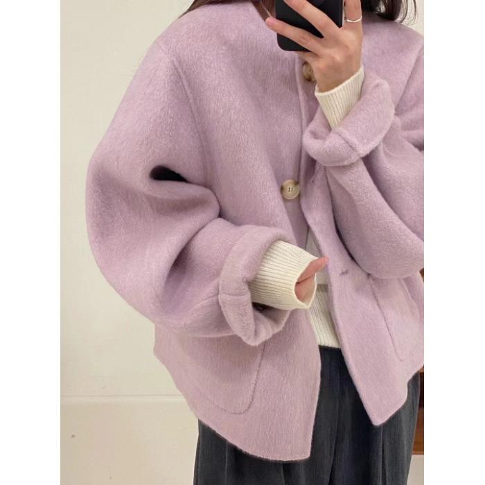

Autumn new pink purple student small fragrant short loose round neck small wool coat female tide S фиолетовый