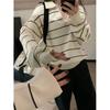 Autumn and Winter Olo Collar Lazy Striped Top Long Sleeve Loose Lapel Contrasting Color Long Sleeve Outer Women's Knitted Sweater
