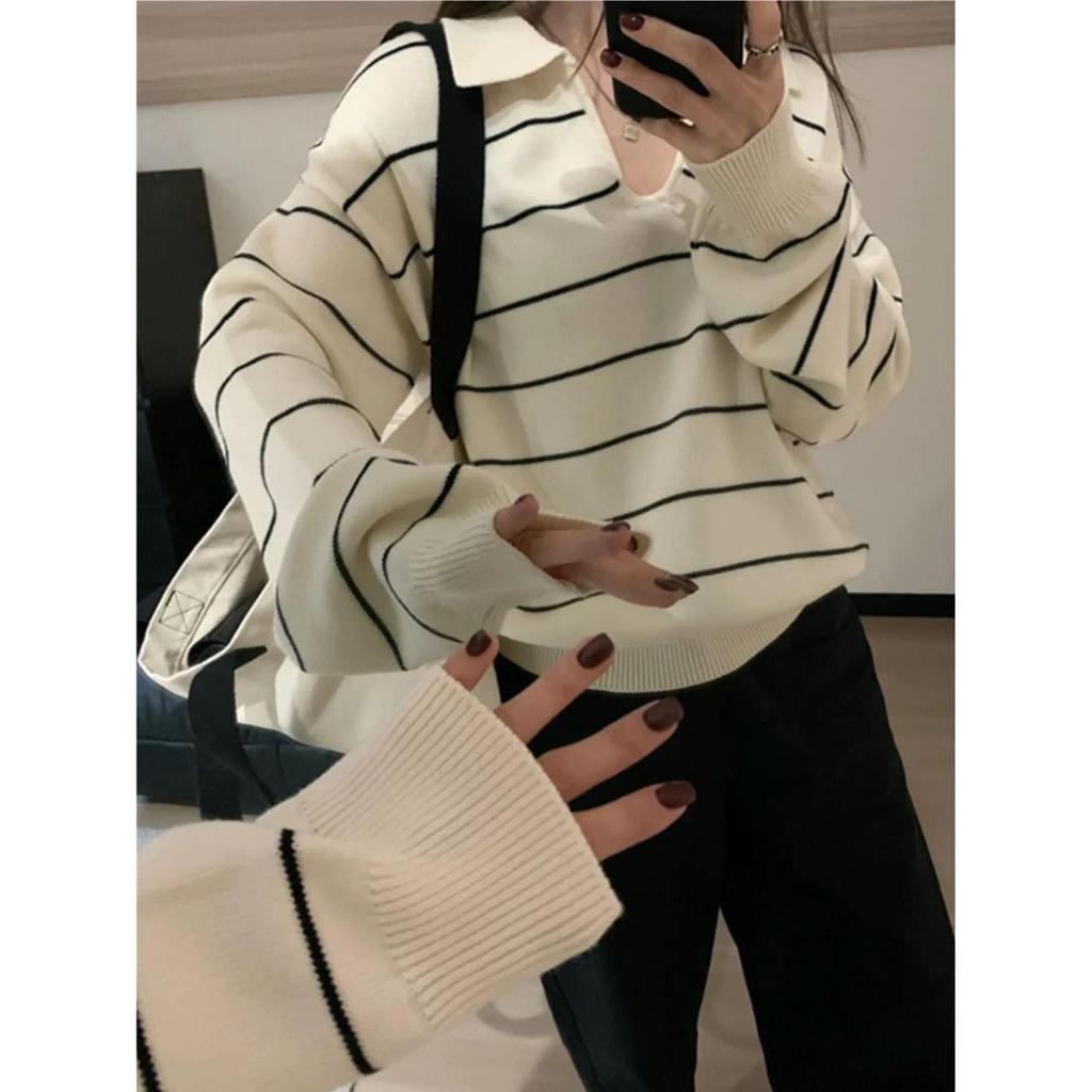 Autumn and Winter Olo Collar Lazy Striped Top Long Sleeve Loose Lapel Contrasting Color Long Sleeve Outer Women's Knitted Sweater
