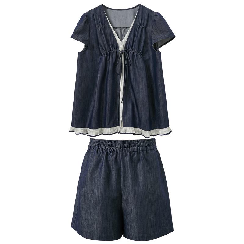 Sancai 2026 Summer Faux Denim V-Neck Two-Piece Set L
