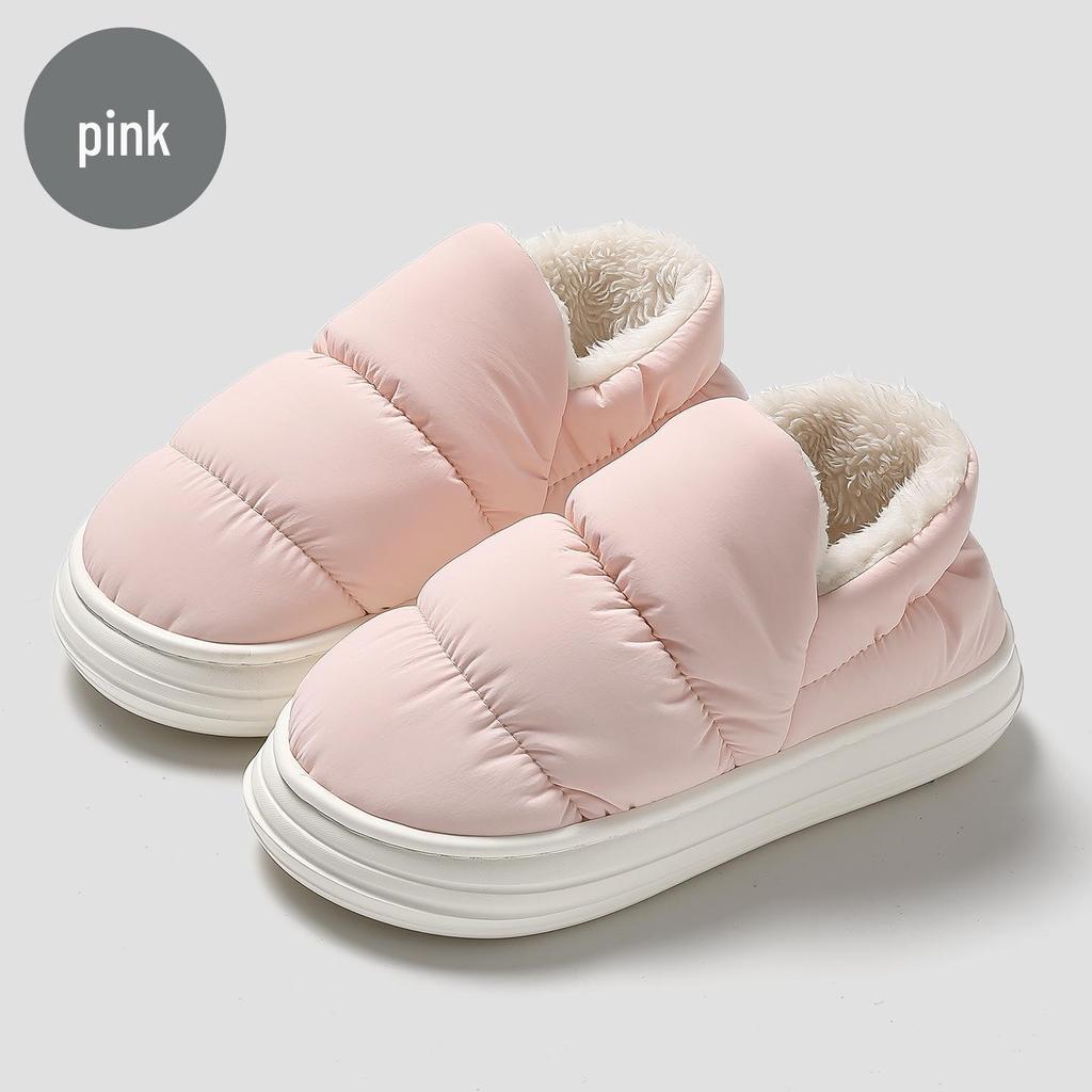 Winter Women's and Men's Indoor Waterproof Velvet-Lined Cotton Slippers with Thick Soles and Heels