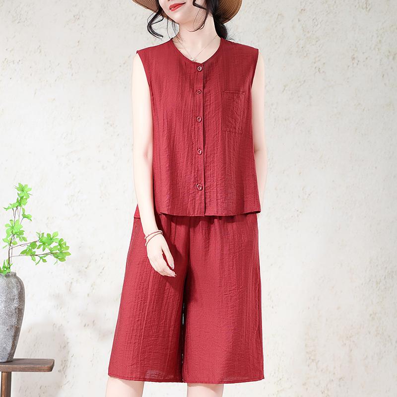 Ensemble 2 pièces pour femme grande taille en mélange de lin, Haut sans manches à boutons et Short large (XL-7XL)