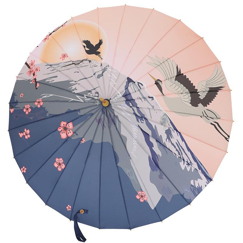 New Fashionable Retro Oil Painting 24 Bone Straight Pole Umbrella Solid Wood Handle Long Handle Umbrella Plus Printed Umbrella Ancient Style Umbrella