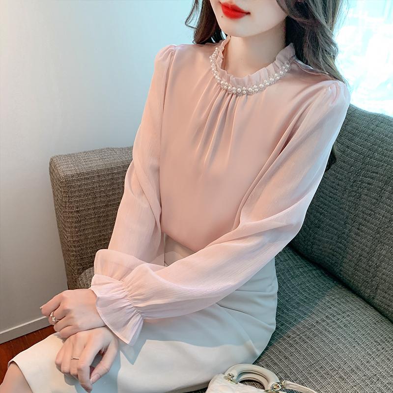 New 2025 Spring Blouses Shirts Long Sleeve Beading O-Neck Chiffon Blouse Shirt Women Tops J772