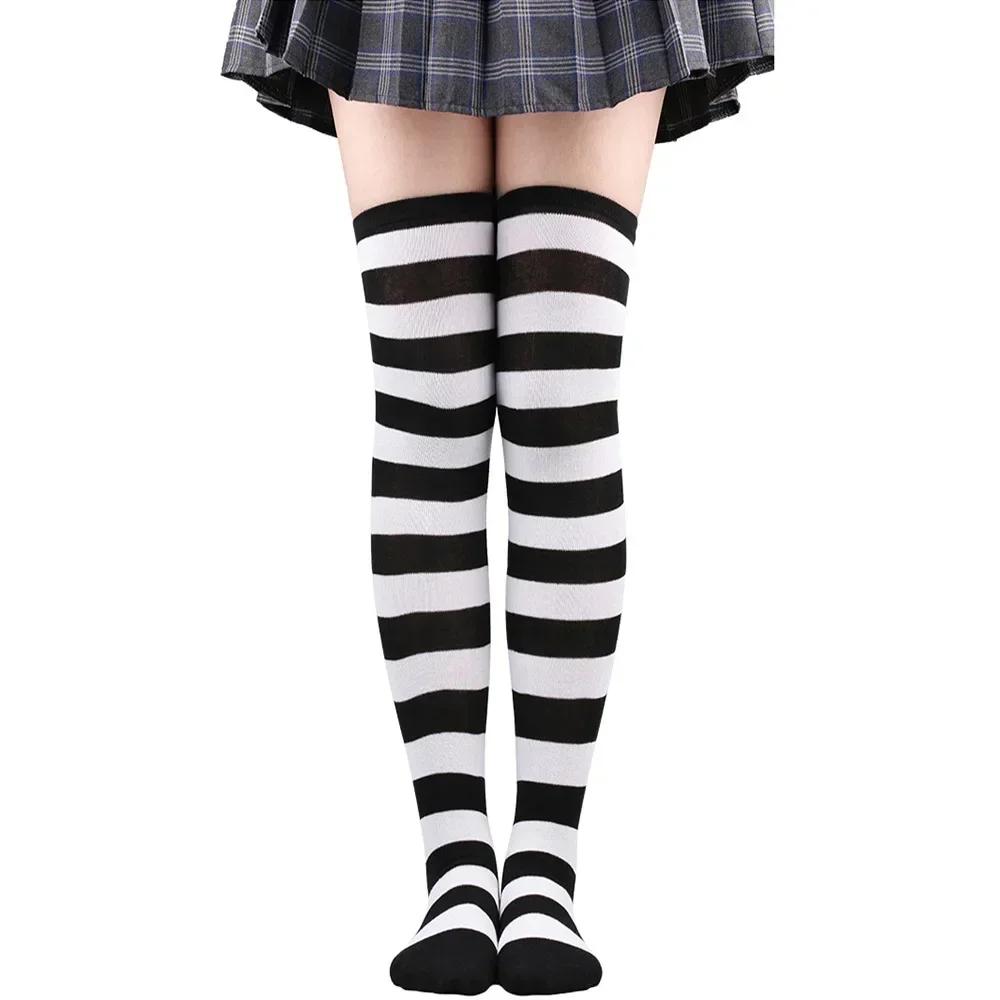 Long Socks Womens Over Above Knee Striped Thigh High Stockings Polka Dot Ladies Black White Pink Cosplay Lolita Harajuku Y2k