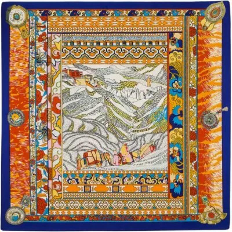 POBING Silk Scarf Luxury Brand Melt Chain Neckerchief Muslim Headscarf Square Scarves Lady Foulard Female Bandana 100*100CM