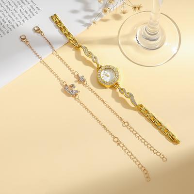 Ladies' New Round Diamond Dial Steel Strap Quartz Watch, Fashionable Diamond Flower Swan Bracelet, Noble and Atmospheric Holiday