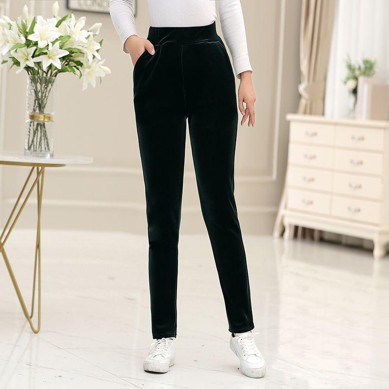 Autumn Winter Women's Fleece-Lined Velvet Pants High-Waist Slim Fit Thickened Warm Plus Size Skinny Pants