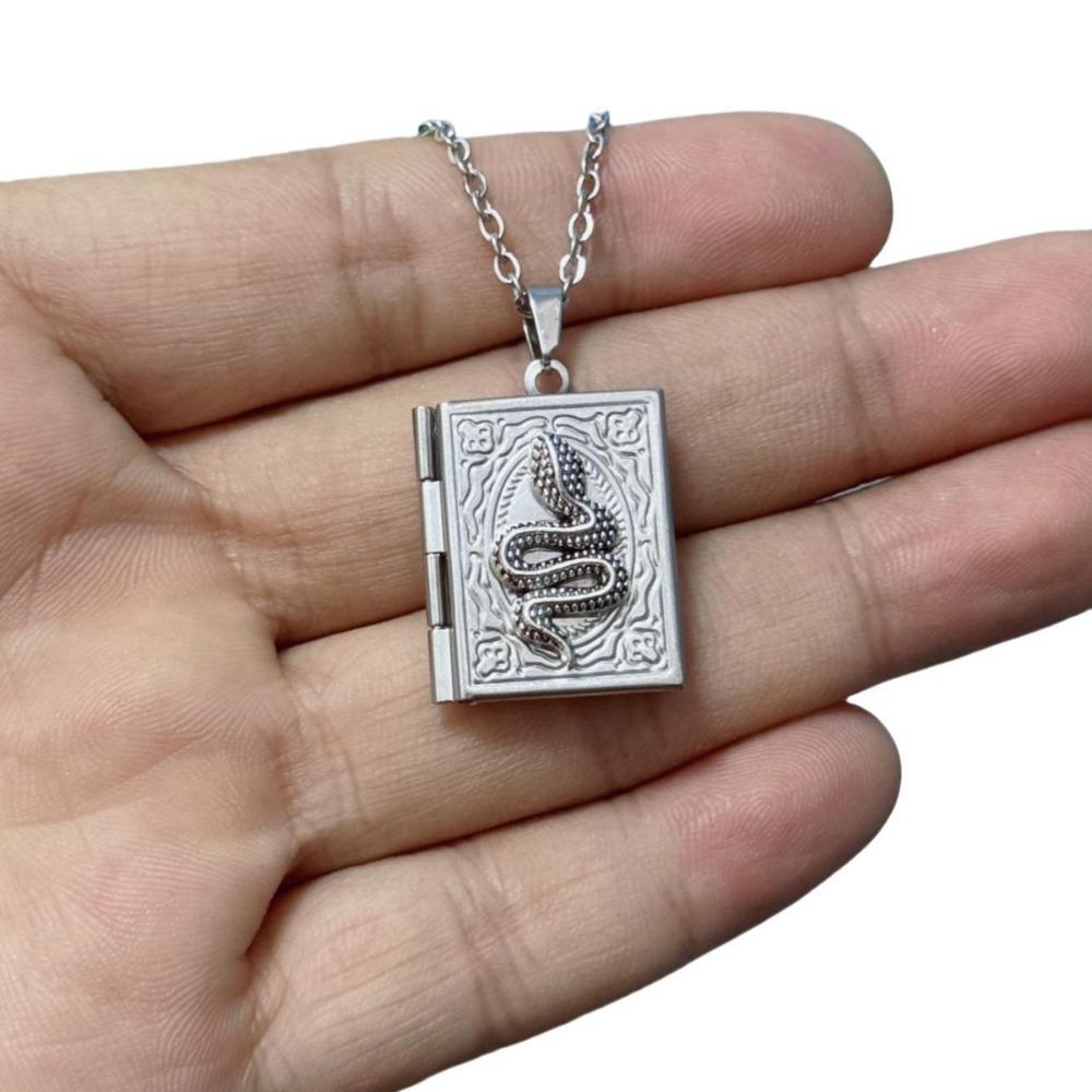 Retro Gothic Blood-red Rose Black Cross Relief Book-shaped Pendant Necklace for Women Men Halloween Stainless Steel Jewelry Gift