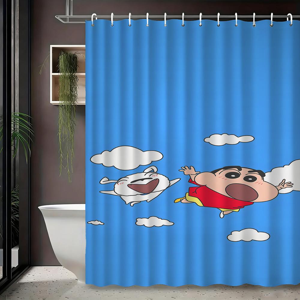 Crayon Shin-Chan & Friends Adventure On Rocks 2D Print Waterproof Shower Curtain, Blue Night Anime Bathroom Decor With Hooks