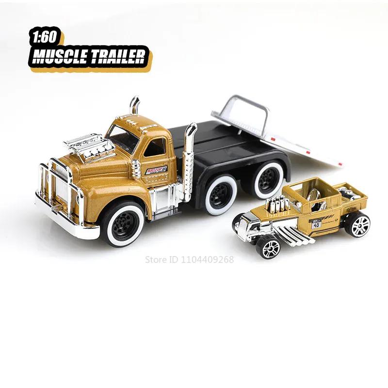 Scale 1:60 American Muscle Trailer Model Toy Car Sound Light Alloy Diecast Pull Back Flatcar Models Birthday Gifts for Kids