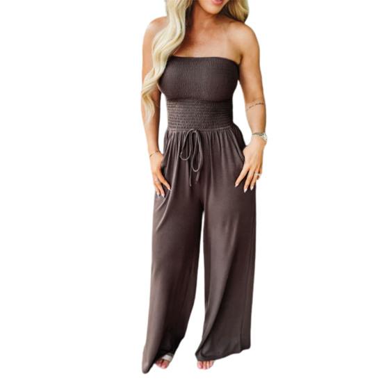 Sommer-Overall für Damen, schulterfrei, elastische Büste, weites Bein, einfarbig, Kordelzug, plissiert, Seitentaschen, schulterfrei, rückenfrei, Bandeau, langer Overall
