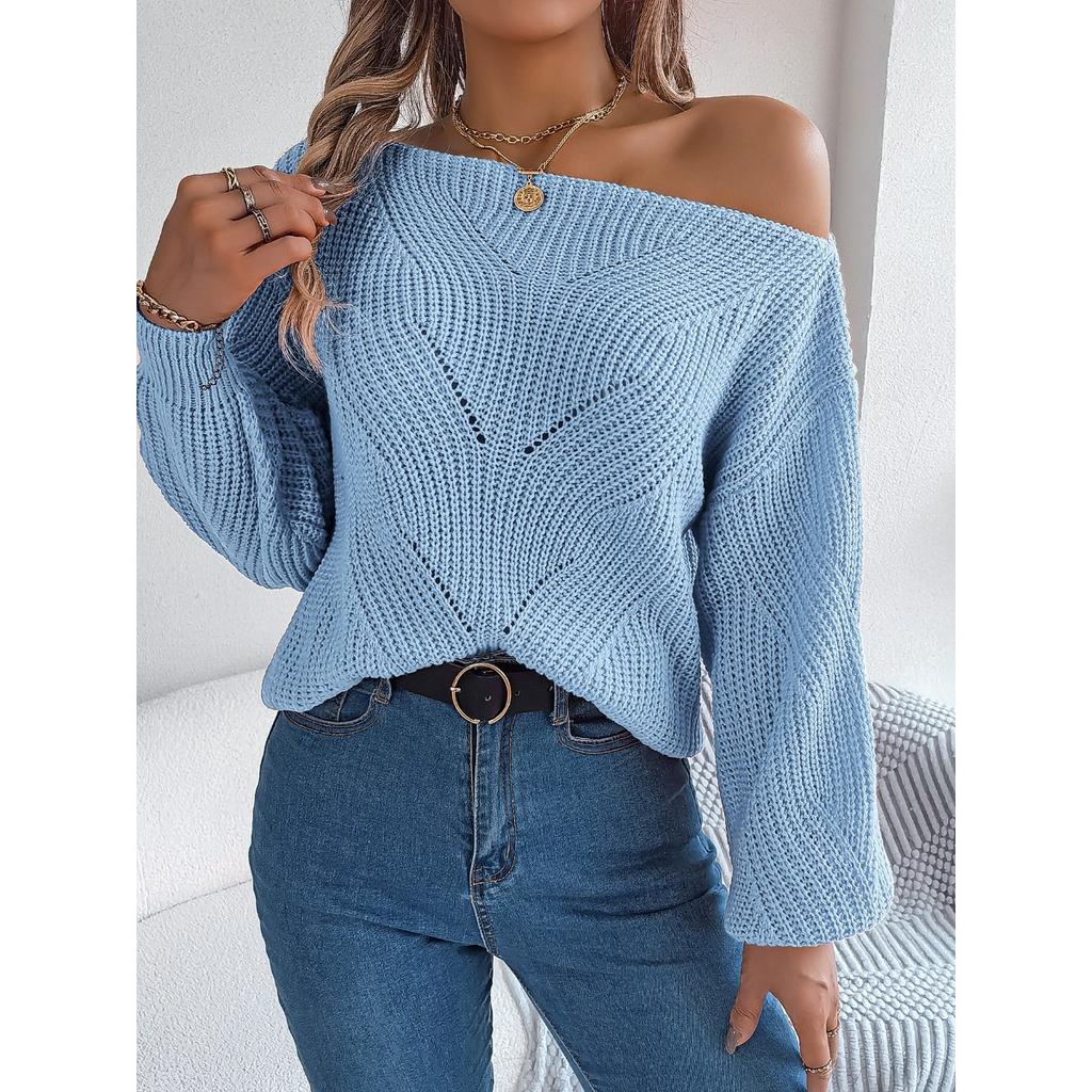 Automne et Hiver, Décontracté, Ajouré, Une Épaule Dégagée, Haut, Manches Lanterne, Pull Chaud, Vêtements pour Femmes