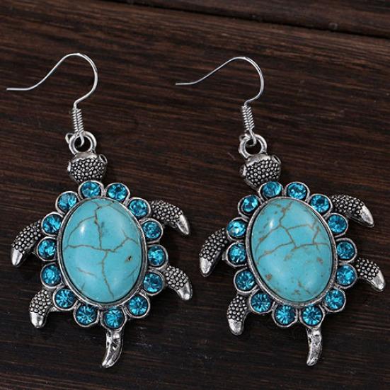 Retro Cute Rhinestone Turtle Dangle Pendant Tibetan Ear Hook Earrings Jewelry