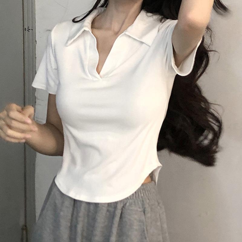 Short-sleeved Lapel Top, V-neck Pullover