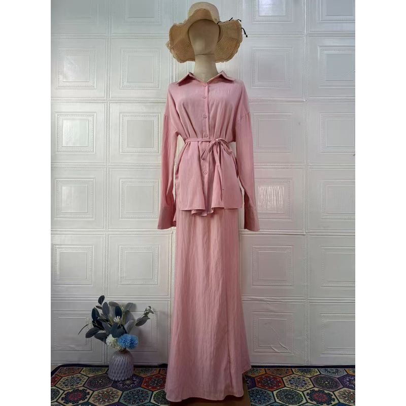 

Western Style New Casual Long sleeve Loose and Comfortable Shirts Skirt sets Shirt and Skirt Set Light pink S
