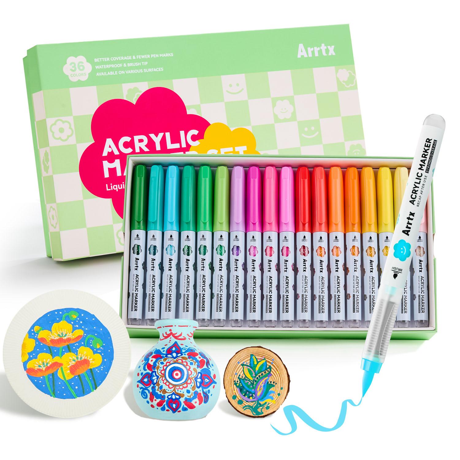 Arrtx 36/60 Kleuren Cartoon Acrylverf Pennen Acryl Markers Zachte Kwastpunt voor Rots Schilderen Keramiek Glas Hout Plastic Metaal