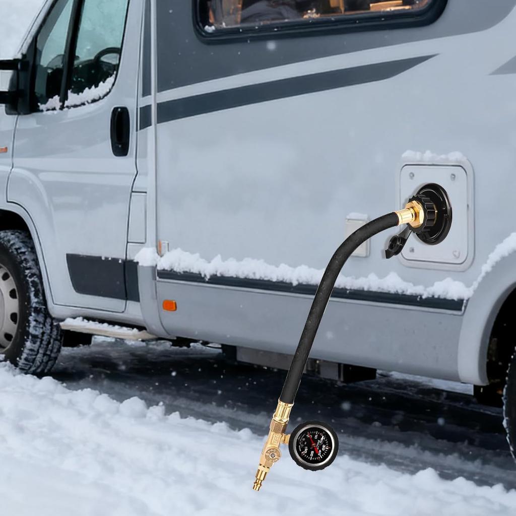 Upgraded RV Water Blow Out Winterizing Kit Sprinkler Winterization Hose With Oil Filled Pressure Gauge Compressor Winterize Adapter Plug, For Camper,