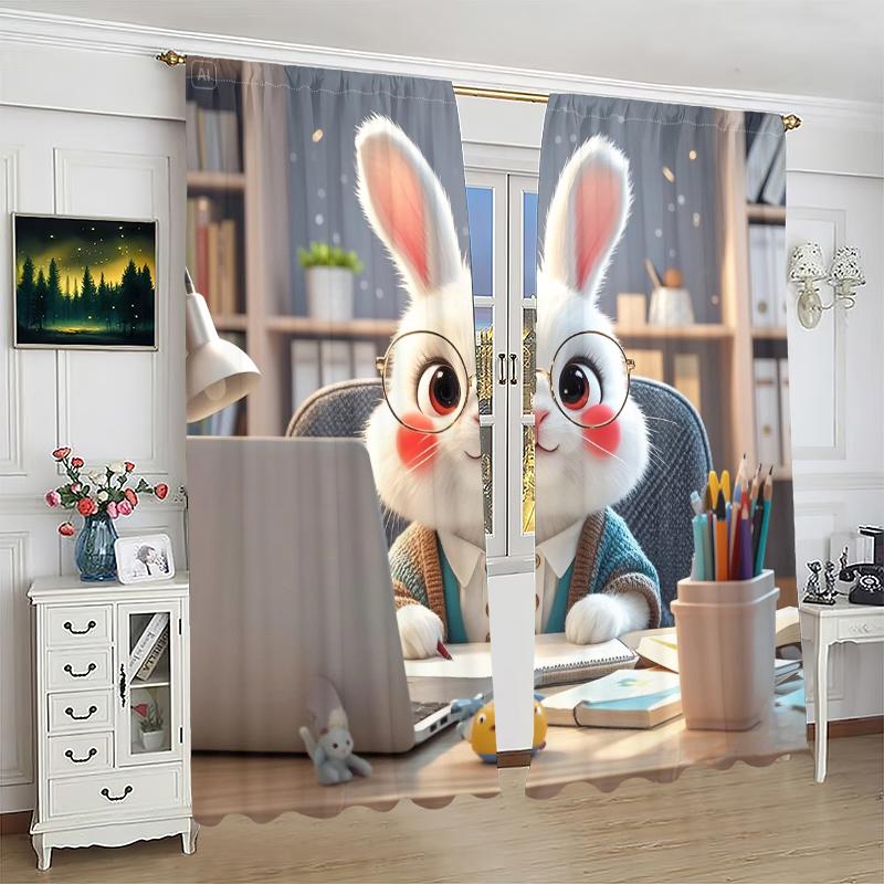 2pcs - Working Rabbit - Printed curtain, polyester semi-transparent - suitable for home decor (excluding poles)