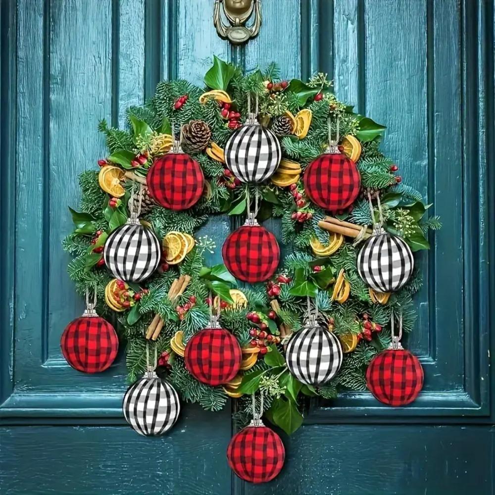 6pcs/bag Vintage Plaid Fabric Ball Hanging Christmas Tree Decorations  Holiday Party