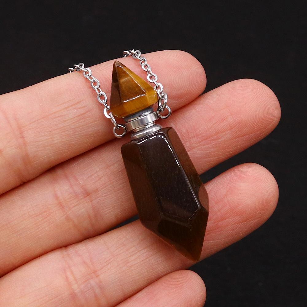 1pc Colgante Collar Botella de Perfume de Piedra Natural Acero Inoxidable Aromaterapia Aceite Esencial con Piedra Cuarzo para Mujer
