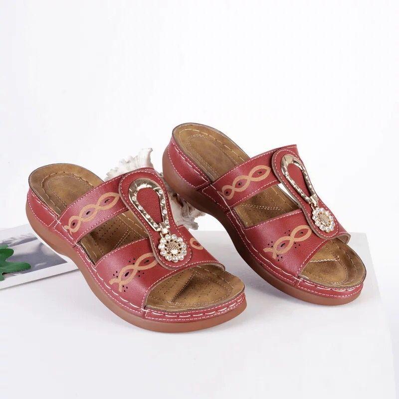 Slippers women's slope heel stitching rhinestone cool slippers new large size hollow flat sandals