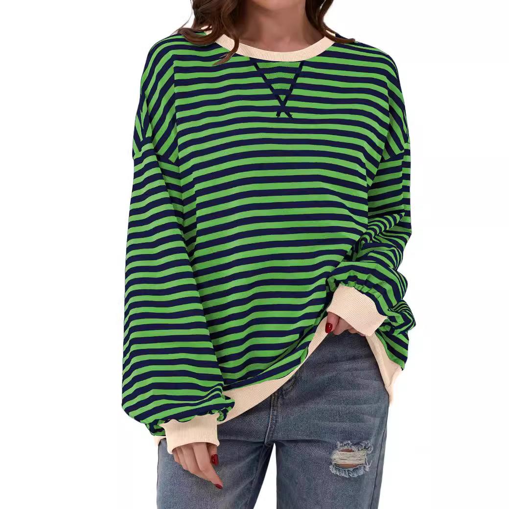 

Женская полосатая повседневная модная футболка с круглым вырезом и заплатками, свободная толстовка с длинным рукавом, стильная легкая мягкая рубашка с длинным рукавом 2XL