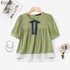 ZANZEA Women Casual Round Neck Summer Short Sleeve Lace Splice Blouse