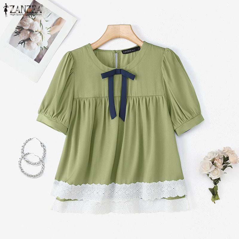 ZANZEA Women Casual Round Neck Summer Short Sleeve Lace Splice Blouse