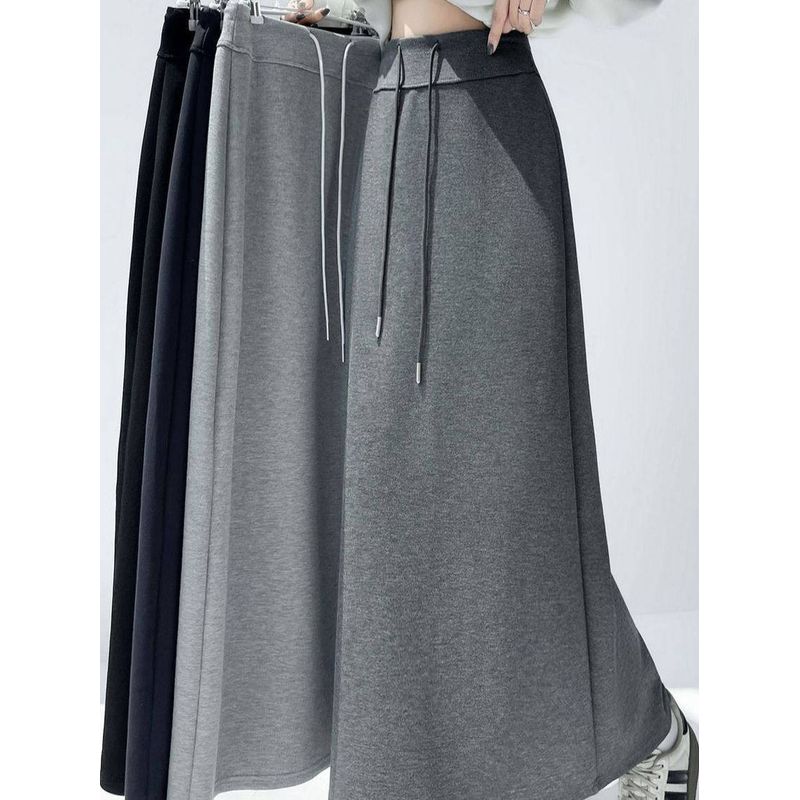 Gray Sports Skirt New Style High-Waisted Straight-Cut Slit Elastic Slimming Drape Drawstring Casual Long Skirt